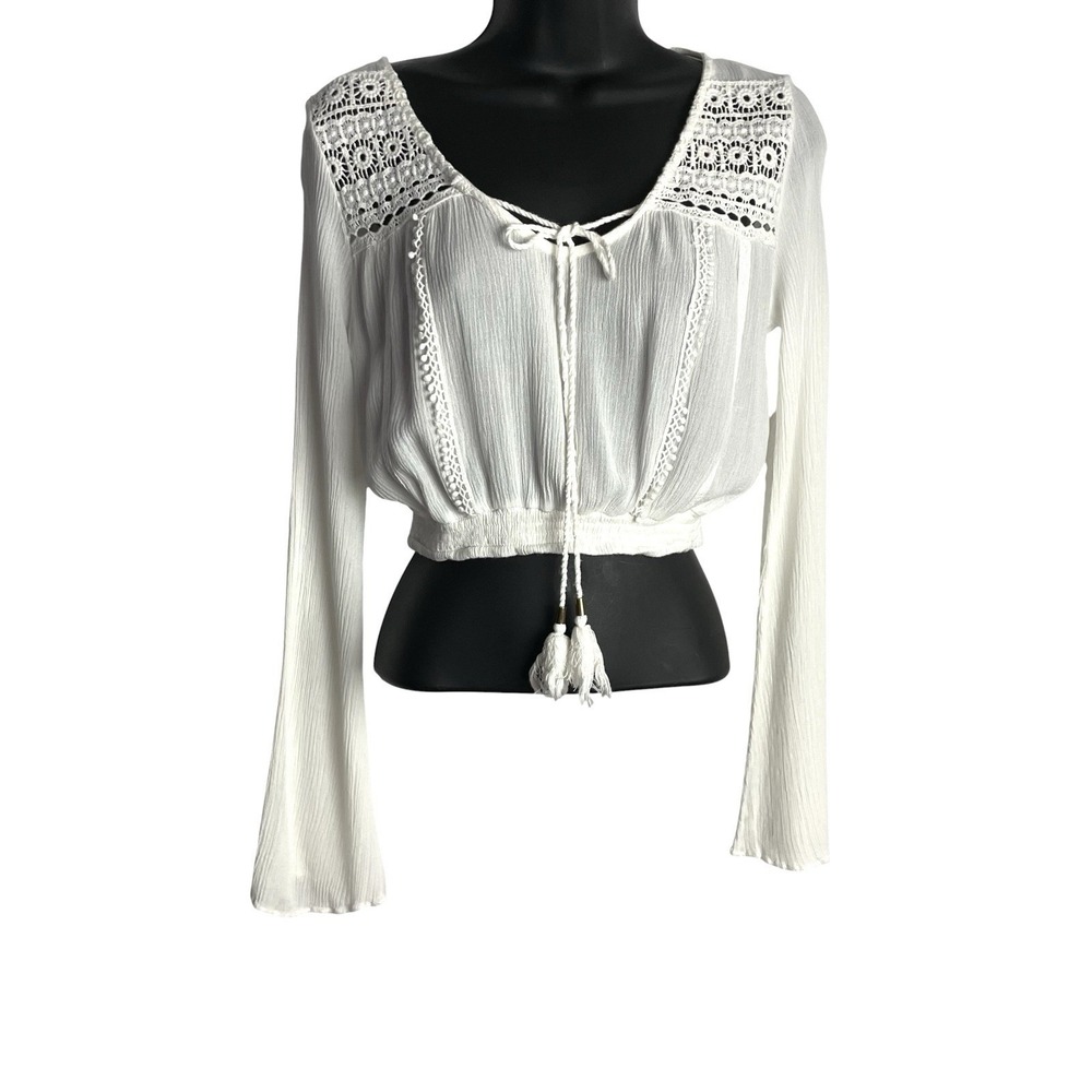 Womens Crochet Lace Fairy Crop Top Size S White Boho Flared Long Sleeve Tasseled